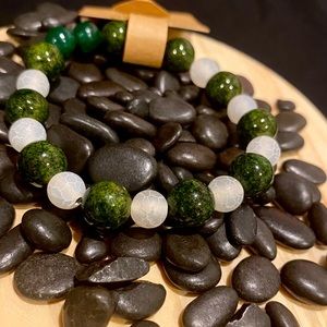 Bracelet- Electric Moss, glass and ceramic beads. 7.5 inches